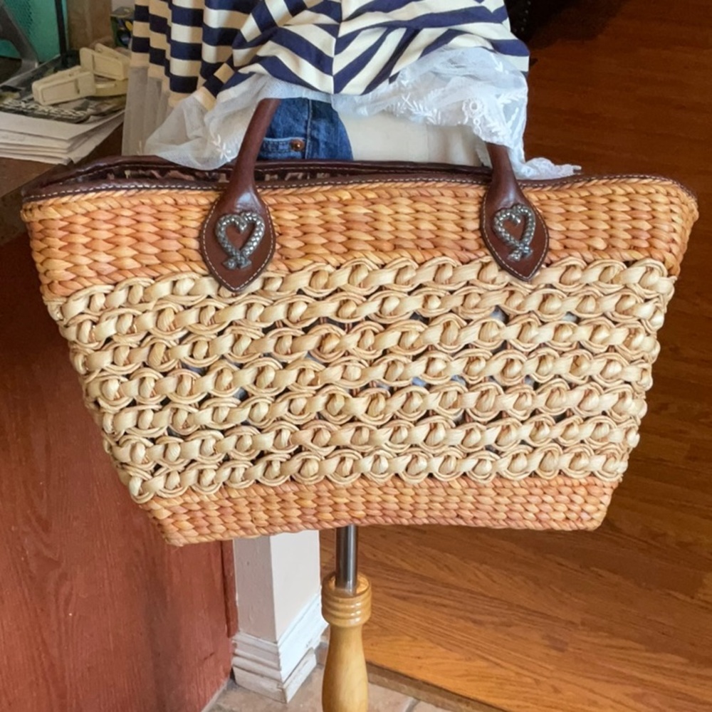 BRIGHTON Vintage Woven Straw and Brown Leather Short Handled Tote, Preowned